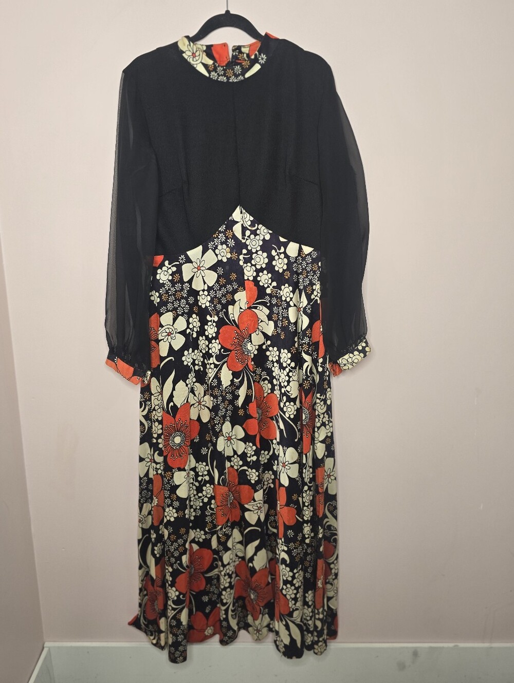 Vintage union made  Floral Maxi dress sheer Sleeves
